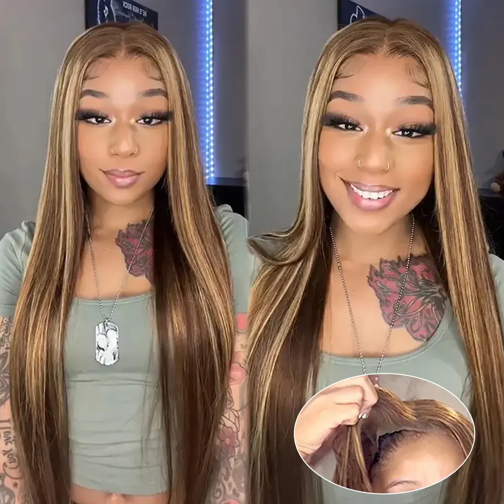 CORIIANA Highlight Glueless Wigs Human Hair Ready To Wear Brazilian Ombre 4/27 Colored Straight 6x4 HD Lace Closure Wig Human Hair For Women Pre Plucked Beginner Friendly 180%