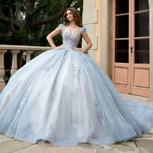 PQ1094 SLATE BLUE / CHAMPAGNE – EMBROIDERED QUINCEAÑERA BALL GOWN WITH SHIMMERING APPLIQUÉS