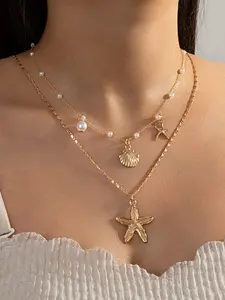 Boho Style Starfish Shell Pearl Layered Necklace, Dainty Boho Necklace, Unique Design Beach Accessory, Trendy Fashion Jewelry for Women
