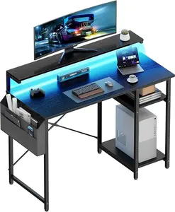 HLDIRECT 40 Inch Gaming Desk with LED Lights, Computer Desk with Monitor Stand, Side Storage Shelves & Storage Bag, Home Office Writing Study Table for Bedroom leather Bamboo summerwins