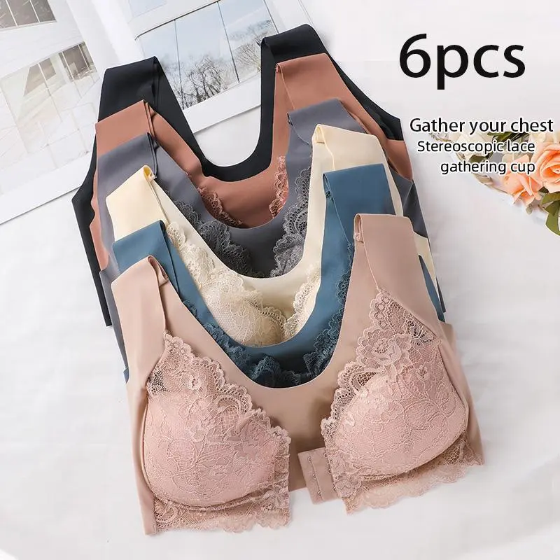 6 Pcs Shockproof Front Buckle Wireless Deep V Bra Anti-sagging Breathable Seamless Push Up Brassiere For Women Close-fitting Gathered Plus Size Womenswear