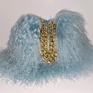 Mint Mini Bag with Gold Chain Detail and Blue Fuzzy Texture