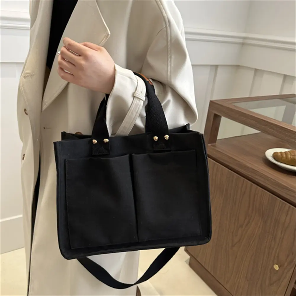 Women's Minimalist Canvas Tote Bag, Large Multi-Pocket Shoulder Messenger with Zipper, Double Handle and Adjustable Strap for Work & Business, Adjustable Strap Bag, Messenger Bag