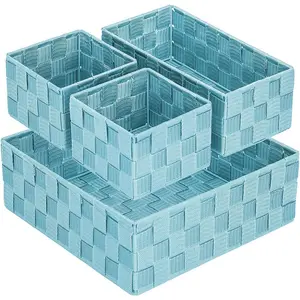 X-SBB20 Organization and Storage Baskets Organizing Bins Small Woven Basket Cube Container Organizer Divider for Closet, Shelf, Dresser, Drawer, Bedroom, Kitchen, Pantry, Set of 4, Blue Decor Decorative