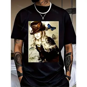 Vintage Stevie Nicks Butterfly Newspaper Graphic T-Shirt | Fleetwood Mac 70s Rock Witchy Bohemian Casual Tee for Men & Women