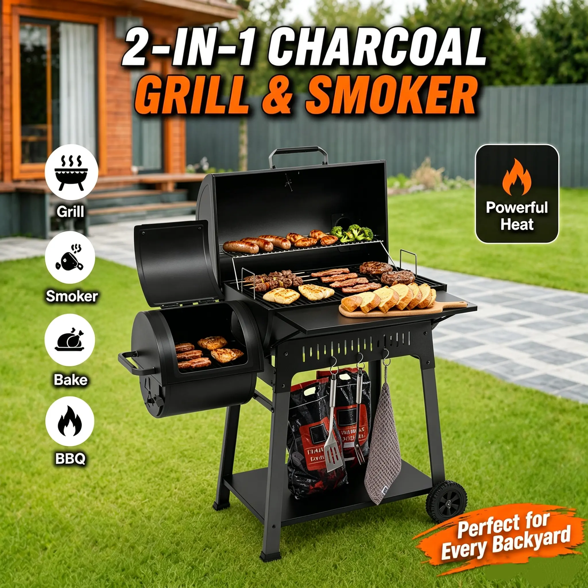 Royal Gourmet CC1831F Barrel Charcoal Grill with Offset Smoker, 824 Sq. In. Outdoor Charcoal BBQ Grill, Heavy-Duty BBQ Smoker with Front Shelf & Wheels for Backyard BBQ, Patio & Outdoor Cooking