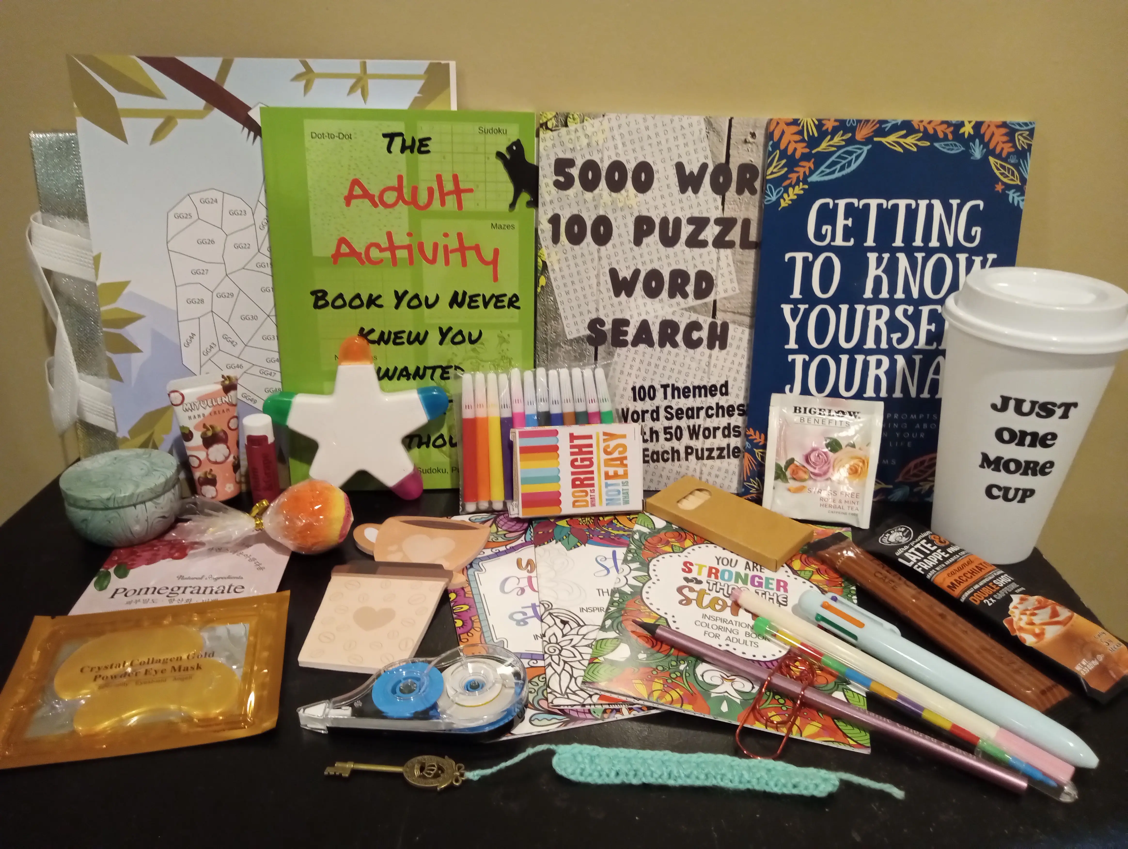 Activity Book Gift Box Set, Adult activity books, Adult puzzles, Relaxing gift box, De-stress & pamper box, Drinks and games, Fun gift box