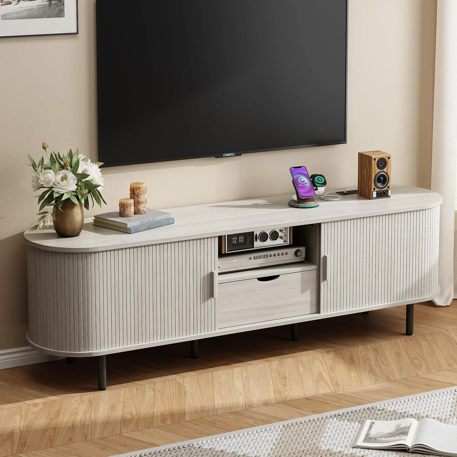 【SummerFinds】ONBRILL Tv Stand With Storage And Shelves Designed To Fit 55’’ - 80’’ Tvs. Wood Entertainment Center For Living Room And Bedroom, Media Console And Modern Tv Console Table
