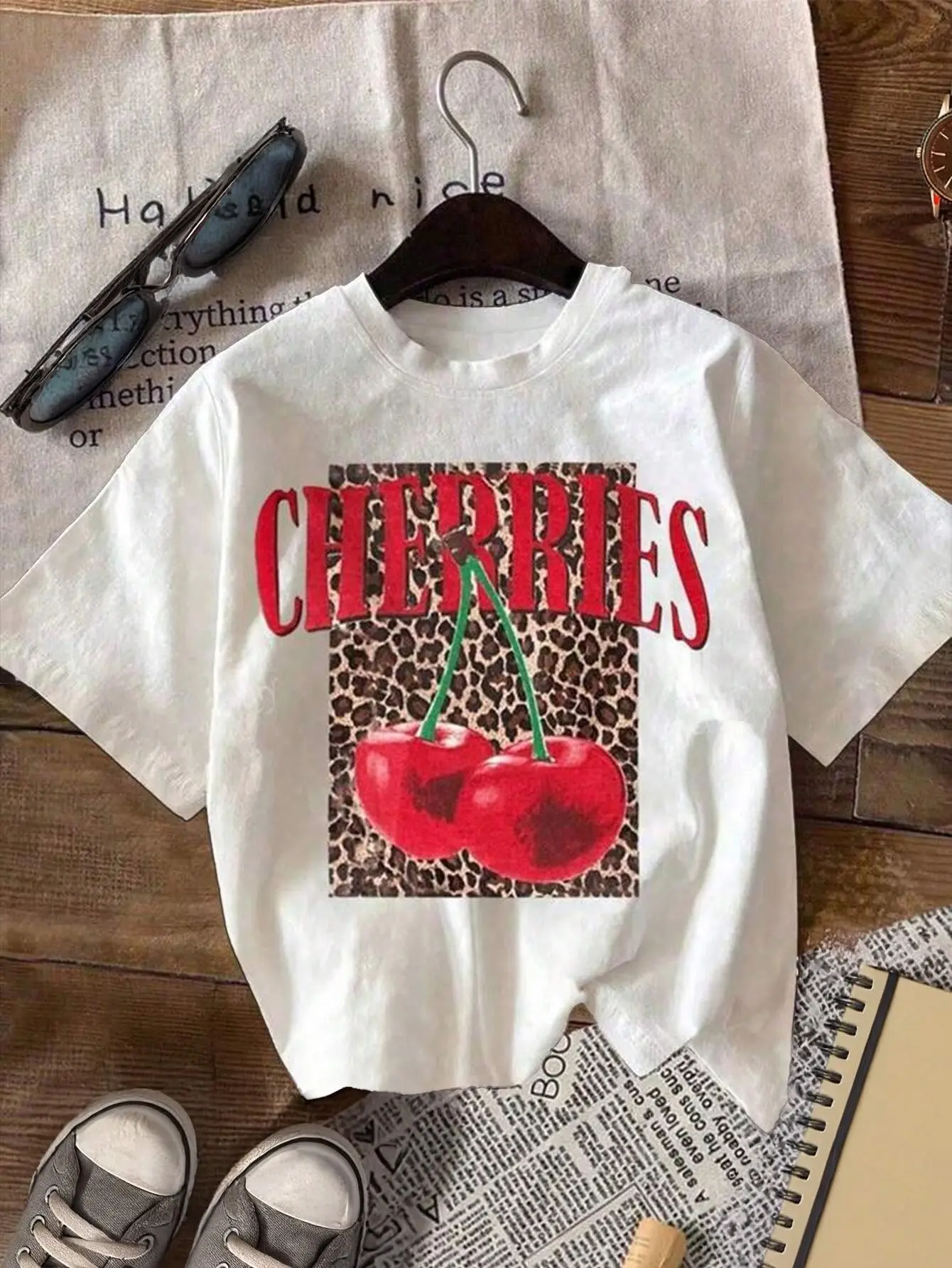 Plus Size Women's Cherry Print Letter Round Neck Short Sleeve Casual T-Shirt