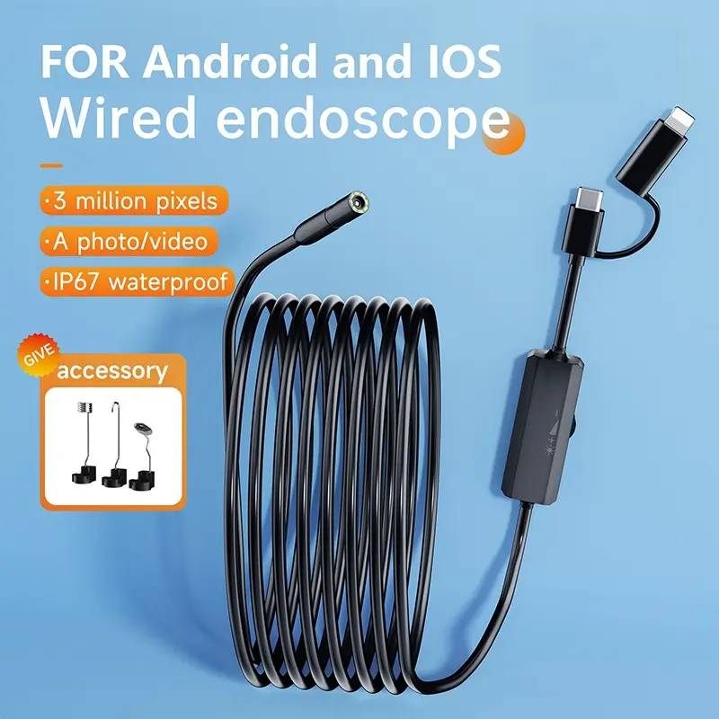 High-Definition Snake Camera Endoscope Tool, Diagnostic Tool, Ip67 Waterproof Automotive Inspection Scope for iOS & Android, Equipped with Adjustable LED Lights, Flexible Probe, Close Range Observation