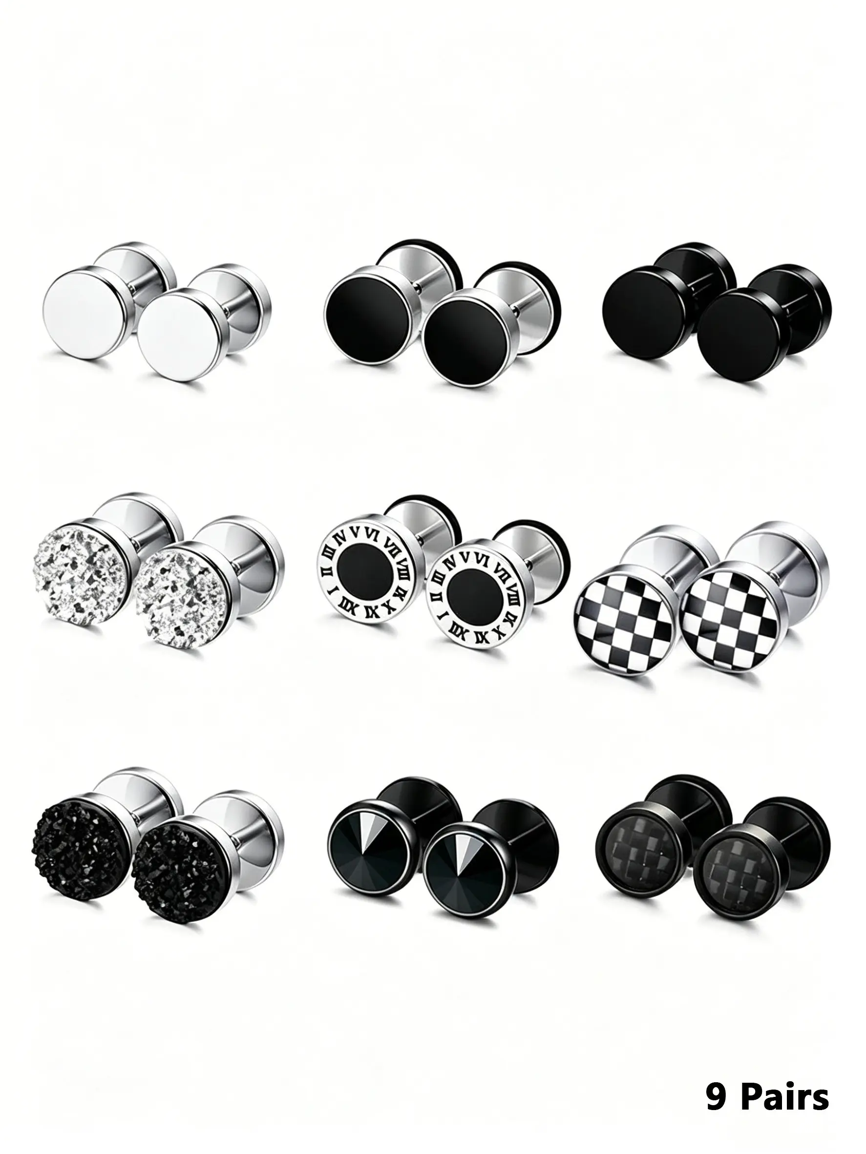9 Pairs Hypoallergenic Stainless Steel Fake Gauge Earrings Set, 316L Surgical Steel Unisex Studs Jewellery with Screw Backs, Anti-Tarnish & Skin-Friendly, Safe for Sensitive Ears, Crystal/Checkered/Black/Round Styles Included, Cool Gift for Him/Her