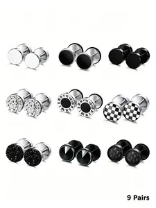 9 Pairs Hypoallergenic Stainless Steel Fake Gauge Earrings Set, 316L Surgical Steel Unisex Studs with Screw Backs, Anti-Tarnish & Skin-Friendly, Safe for Sensitive Ears, Crystal/Checkered/Black Styles Included, Cool Gift for Him/Her