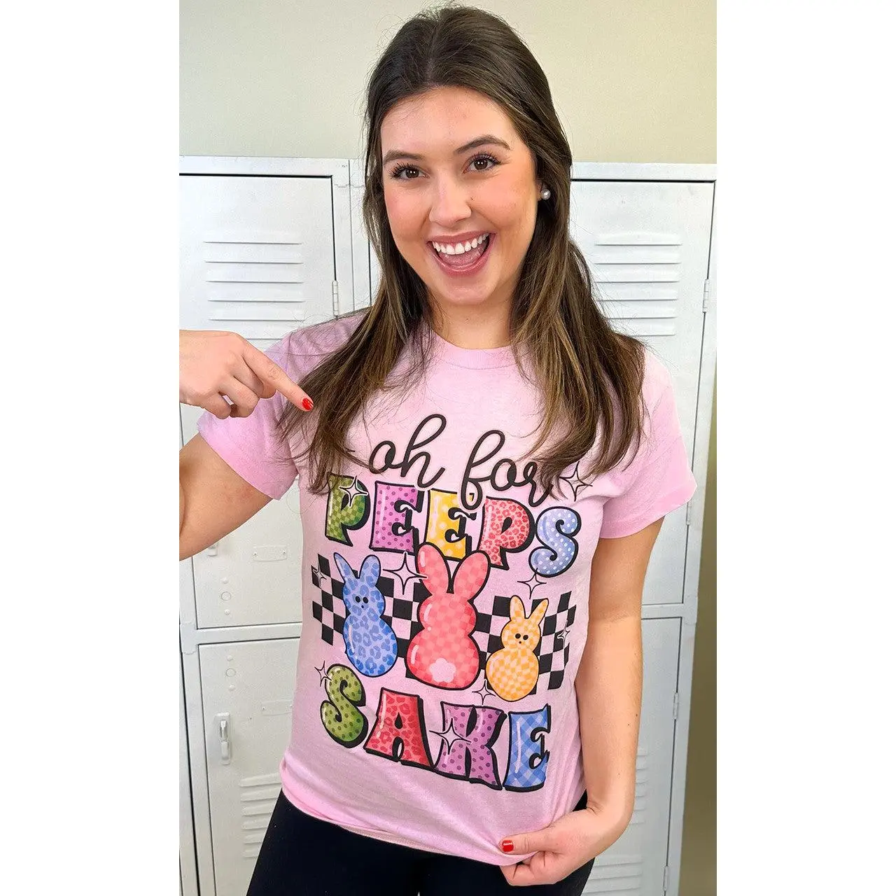 Tees2urdoor Women's "Oh For Peeps Sake" Basic T-Shirt, 100% Cotton with Peep Graphics, Unisex Tee for Spring or Valentines Day, Easter, Checkered
