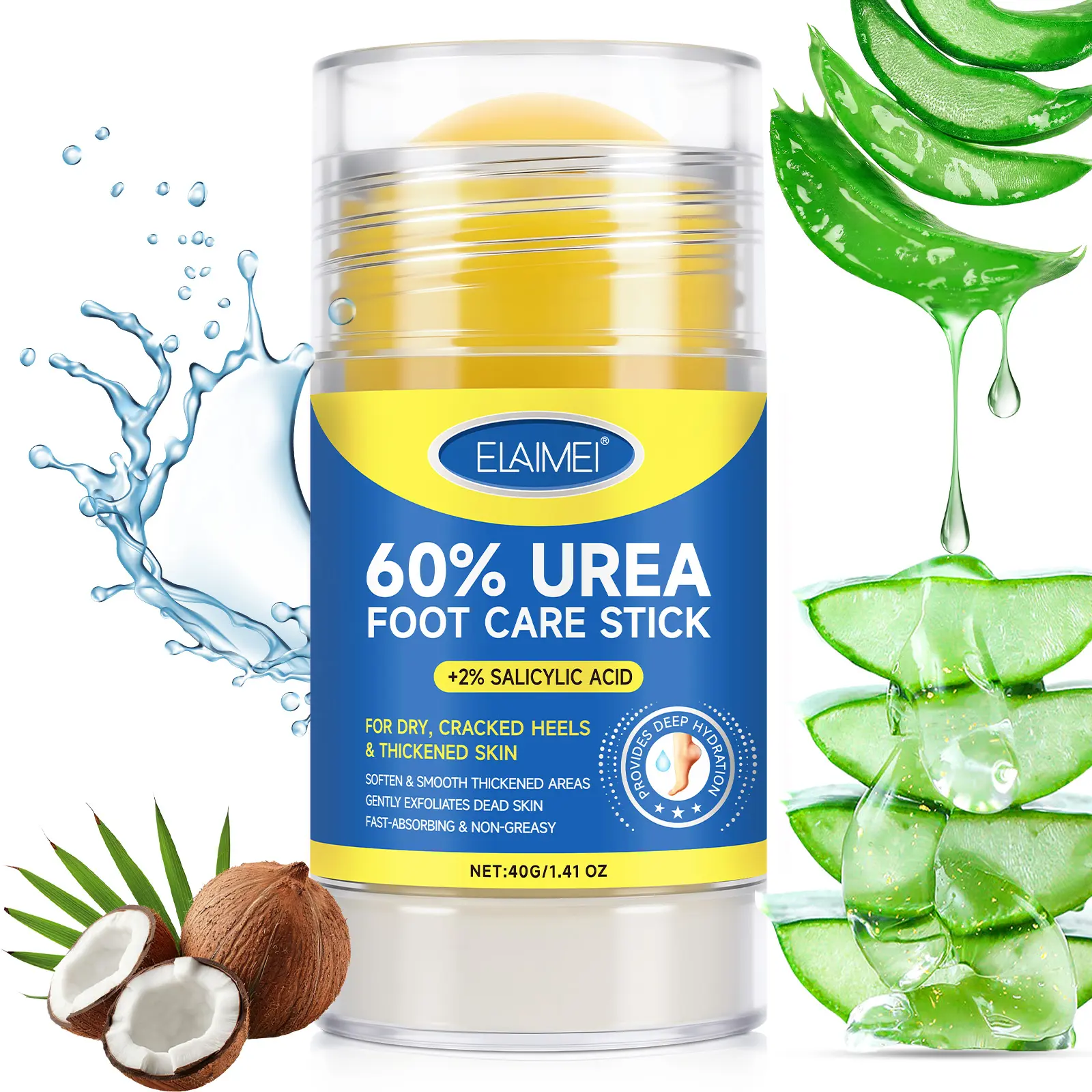 ELAIMEI Aloe Intensive Foot Repair Stick – 60% Urea Cream with Salicylic Acid & Coconut Oil for Rough Dry Skin, Cracked Heels, Soft Feet & Deep Moisturizing