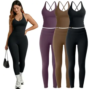 Women's 2-Piece Activewear Fitness Set - High-Waist Seamless Yoga Pants, Sleeveless Supportive Tank Tops Sports Bra, Nylon Knit Stretchy Solid Lightweight Compression Athletic Sports Clothing for Gym Workout Running