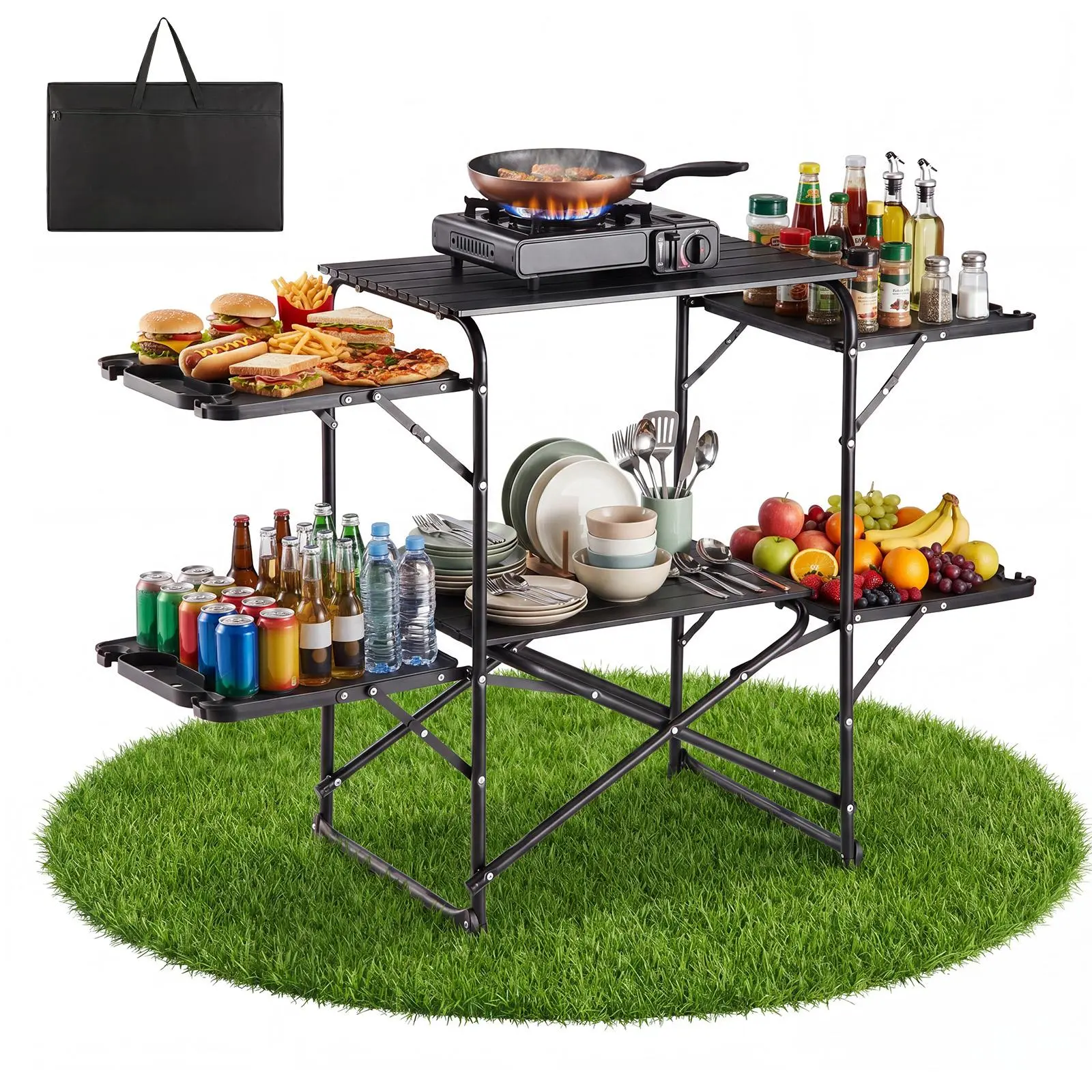 【SummerFinds】VEVOR Camping Kitchen Table, Slim-Fold Cook Station, Portable Folding Table, with 4 Side Tables, Heat Resistant Tabletop, and Carrying Bag, Ideal for Outdoor Picnics, BBQs, Camping, RV Traveling
