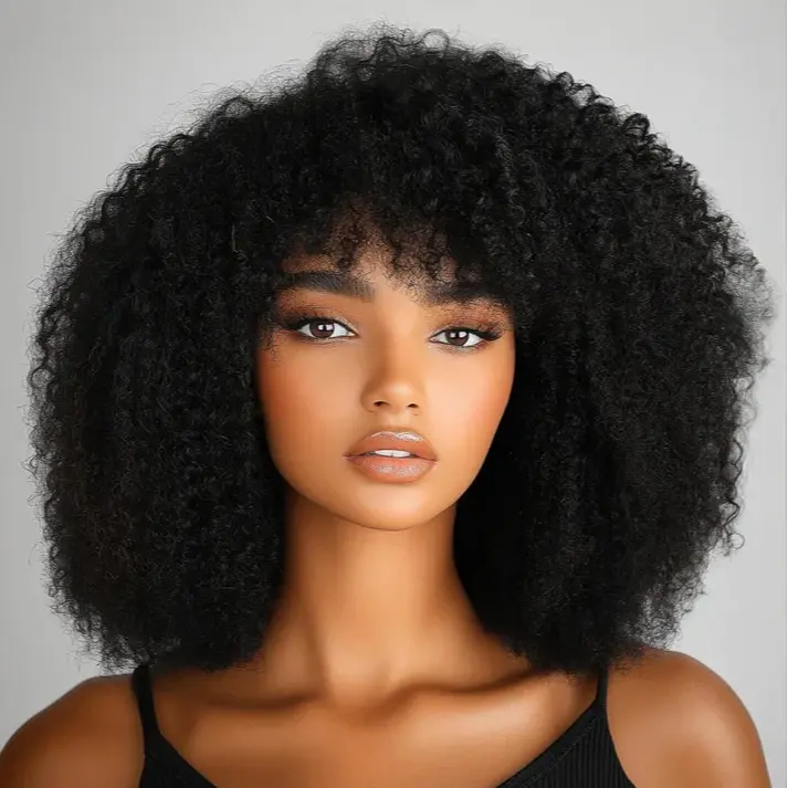 Super Deal Glueless Wear & Go Jerry Curly Human Hair Wig With Bangs, Burmese Virgin Crimped Wig Protective Style For Black Women