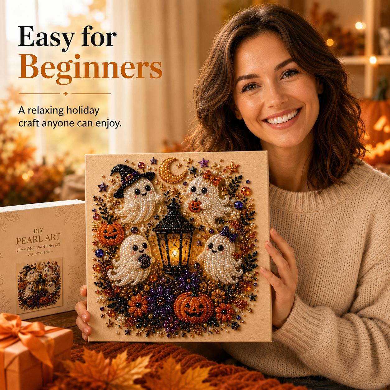 Small Size No light Spooky Cute Ghost 8inx8in Themed Pearl 3D Diamond Painting DIY Kit, Multipurpose Fall Season Handicraft Set, Beautiful Wall Art Furnishing Accessory for Household Indoor Decoration & Holiday Party Present