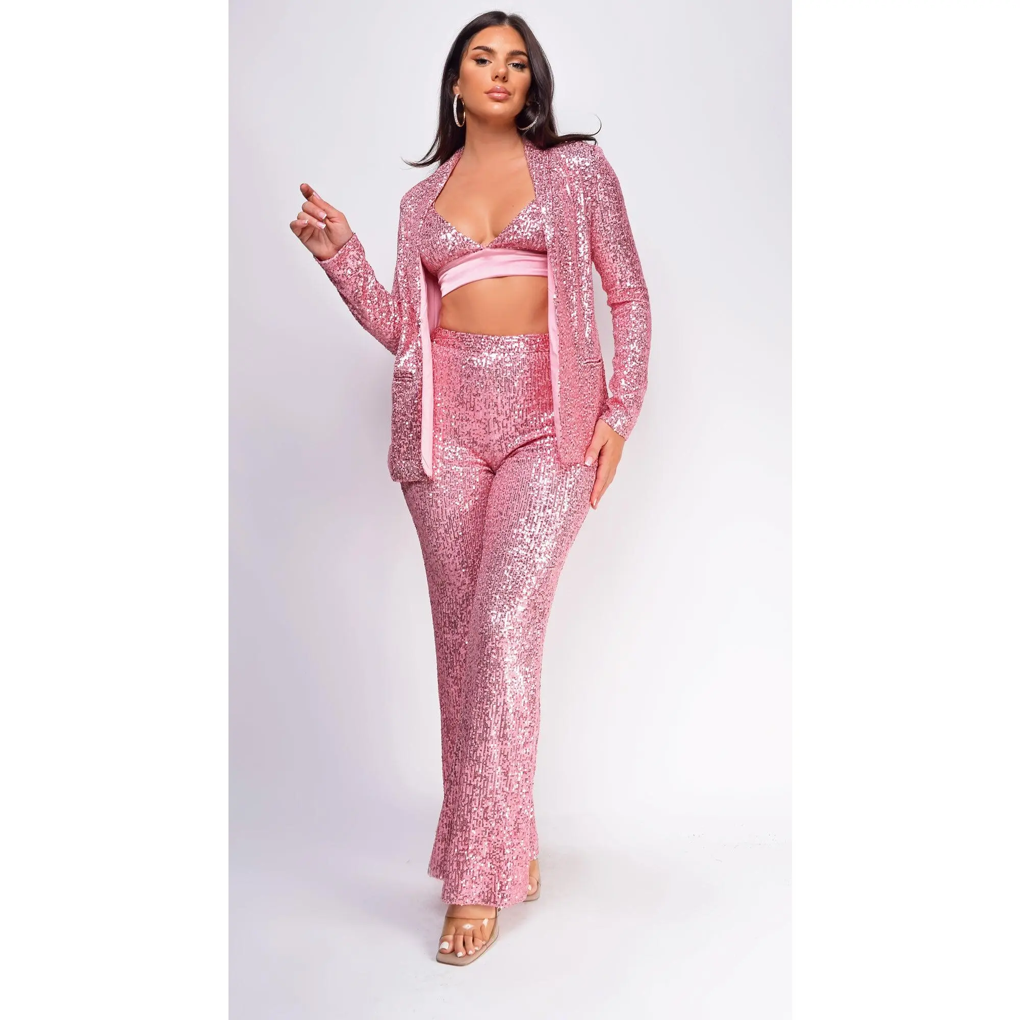 Defne Light Pink Sequin Three Piece Pants Set