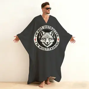 Men's V-Neck Pullover Fox Print Kaftan, Cool Geometric Fox Animal Art Long Sleeve Closed Front Robe, Soft Cotton Pullover Loungewear, Wild Style Hoodless Sleepshirt for Men