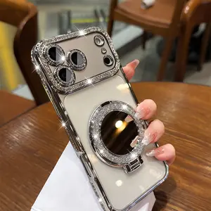 Women's Phone Case with Mirror & Stand for iPhone 12/13/14/15/16/17 Pro Max,17Air,14/15/16 Plus. Features a shiny frame, high-definition transparent material, and full-body drop-resistant design.