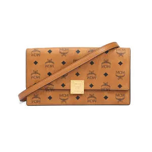 MCM Aren Visetos Classic Monogram Brass-Embellished Leather Crossbody Bag for Women, Large Size, Brandy