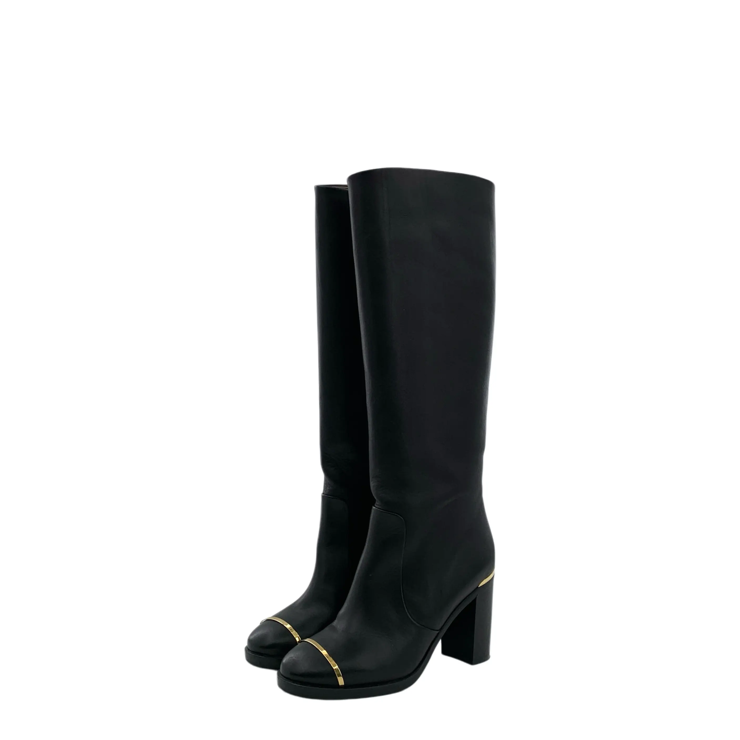 RDLT-Chanel Size 36 Black Leather Round-Toe Block-Heel Knee-High Boots-H37523
