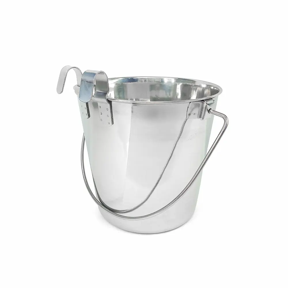 PetYupp Heavy Duty Stainless Steel Flat Bucket with 2 Hooks, 4 Qt Kennel Pail