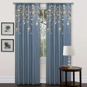 Lush Decor Flower Drops Single Window Curtain - Sold Individually - 42''W x 84''/95‘’L Blue Faux Silk Fabric with Leaf Accents & Dramatic Design for Bedrooms & Living Rooms