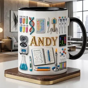 Personalized Science Mug 2D Printed 3D Effect Faux 3D Coffee Cup Custom Name Lab Design for Scientists Researchers STEM Lovers Laboratory Gift Idea for Men Women Unique Educational Keepsake Present