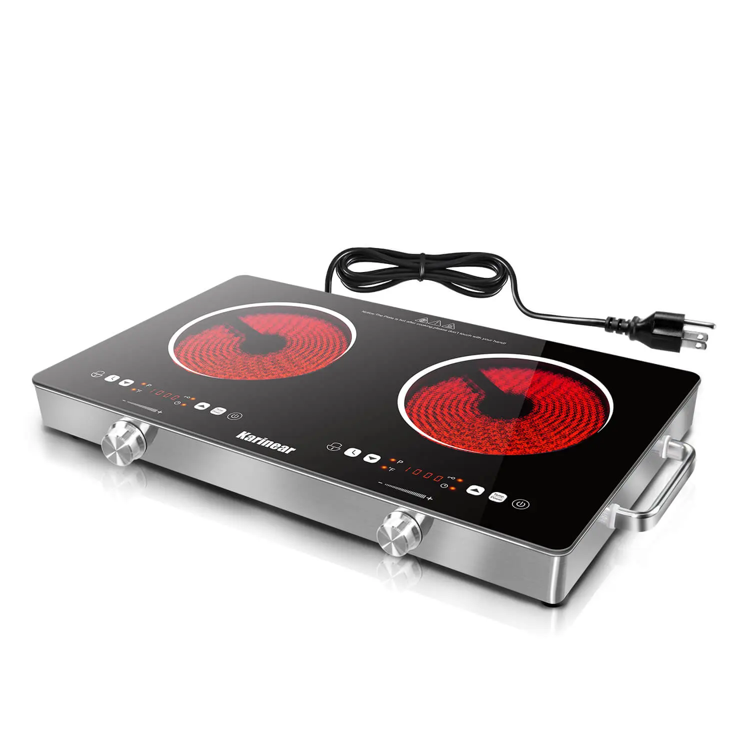 Karinear 2000W Corded Portable Electronic Induction Cooktop Cooker - 24 in Stainless Steel Double Burner, Energy-Saving Multi-Function, Glass Top, Handle, Child Lock, Timer, Knob & Touch Controls, 9-Level Adjustable Temperature Kitchen Appliance, Tempered