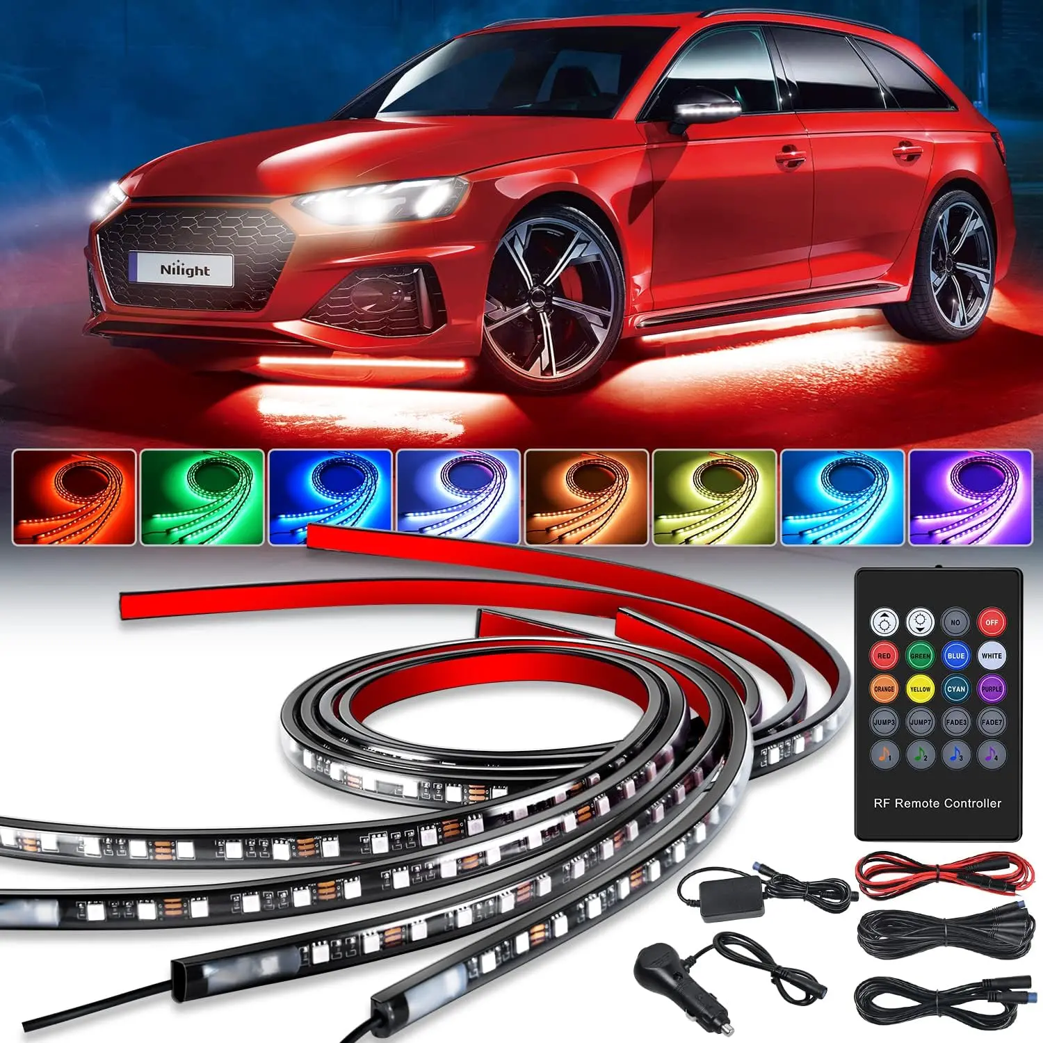 Nilight 4Pcs Car Underglow Neon Accent Strips - 252 LED RGB 8-Color Music Sync Sound-Active Mode, Wireless Control, 12V SUV/Truck Car Interior Lighting, Adhesive-Mounted with Clips & Rubber Tube, Extension Cord, Ambient Lighting Car