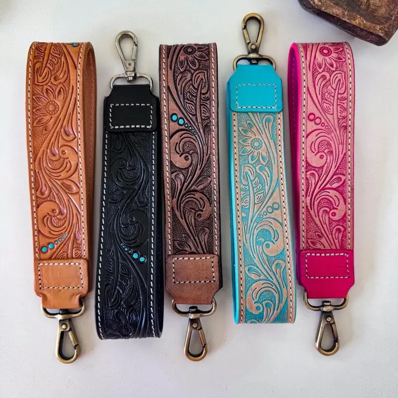 Western Hand-Tooled Leather Wristlet Strap Keychain Western Hand-Tooled Leather Wristlet Strap Keychain