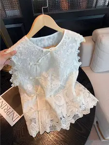 New Traditional Lace Embroidery Slit Collar Fitted Vest for Women Summer High-Quality Chic Elegant Gentle National Style Sleeveless Top