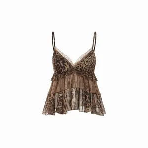 Cider Chiffon Leopard V-neck Lace Trim Cami Top