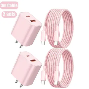 20W+18W USB-C + USB-A Dual-Port Fast Charging kit Wall Adapter with 10ft (3m) Long Braided USB-C to C Charging Cable Compatible for iPhone 17/16/15 Charger Cable, for iPhone Air 17/16 Pro Max/15 Pro/16 Plus/16e/15, MacBook Pro, iPad 11/10-inch