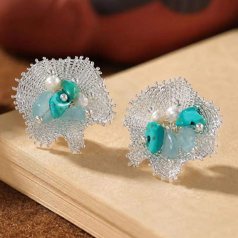 Floral Cubic Zirconia Stud Earrings with Turquoise Dangle, Gold-Plated Statement Jewelry for Women, Lightweight for Everyday Wear, Fashion Jewelry, Floral Motif