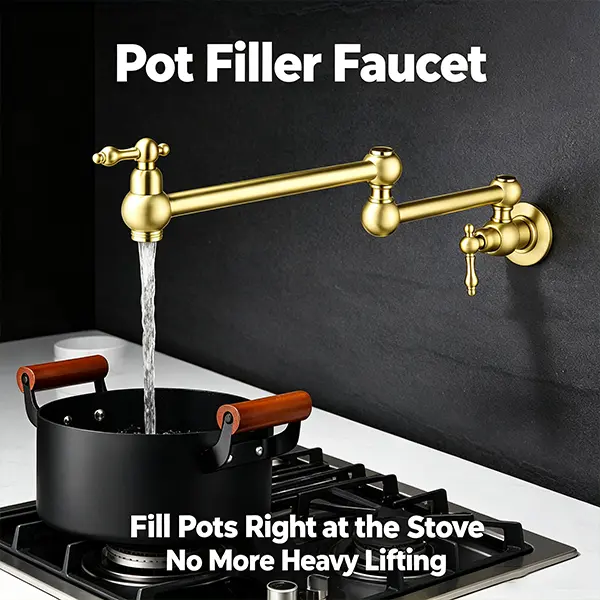 Anti-Rust Brass Body Wall-Mount Pot Filler Faucet - Swivel Foldable Arm, Double-Handle Stove Tap with Splash-Free Aerator for Kitchen Cooking Stations