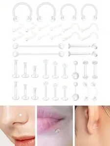 38pcs Clear Piercing Retainers for Surgery Bioflex Nose Rings Belly Rings Septum Eyebrow Lip Cartilage Tragus Earring Retainer Industrial Bar Plastic Piercing Jewelry for Work