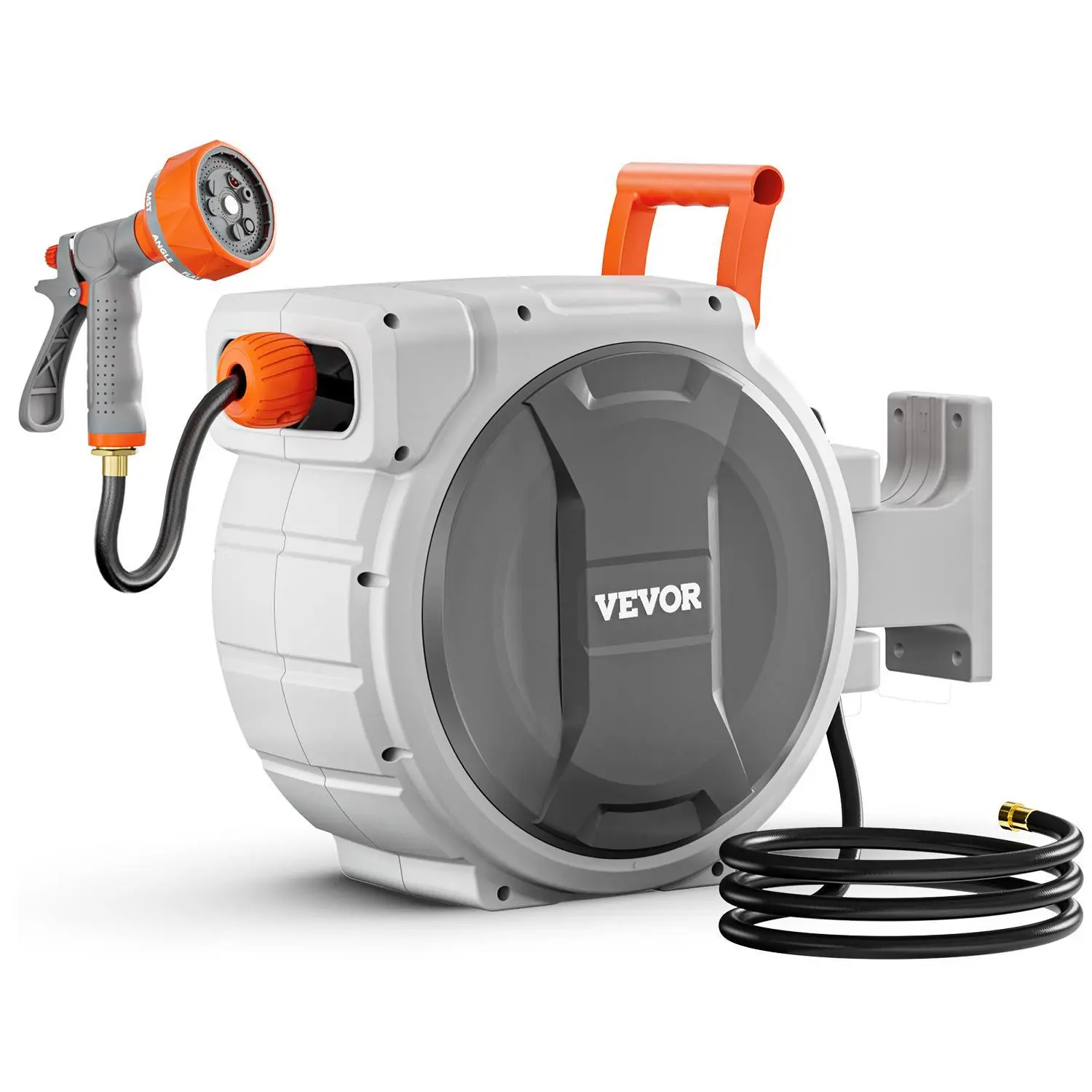VEVOR Wall Mount Retractable Garden Hose Reel, 5/8 Inch x 100 ft, 600psi Burst PP Shell, Heavy Duty with 9-Pattern Nozzle, Adjustable Length Lock, Upgraded Slow Return System & 180° Swivel Bracket for Washing Car