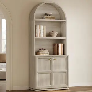 SICOTAS 81" Arched Bookcase with Doors, 5-Tier Modern Farmhouse Bookshelf with Adjustable Shelves & Cable Management, Arched Storage Cabinet for Home Office Library Living Room Kitchen