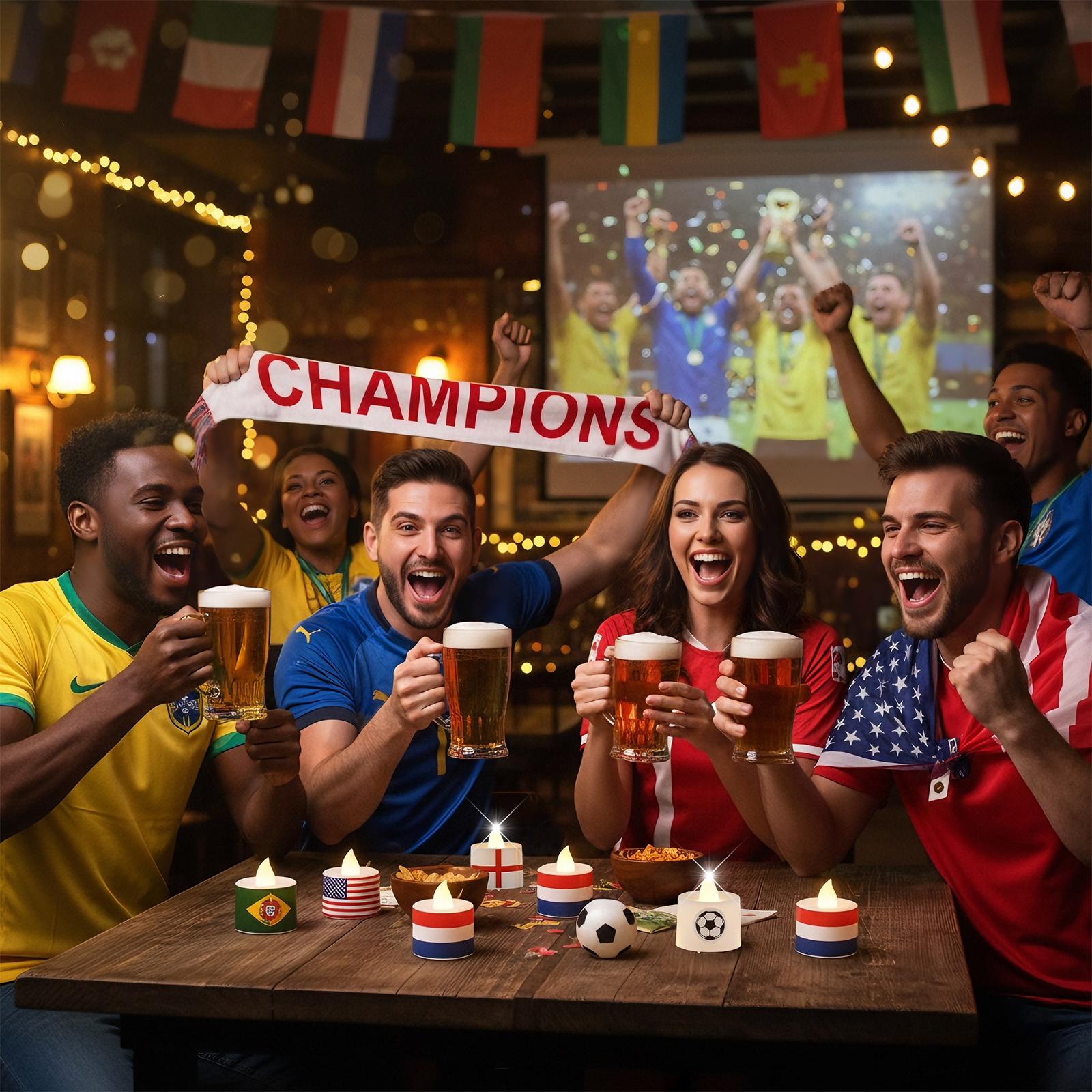 World Cup Soccer LED Candle Set – 48 Pack Flameless Candles with 60 National Team Stickers (12 Countries, 5 Each) + Football DIY Decals, Flickering Battery Candles for Party & Home Decoration