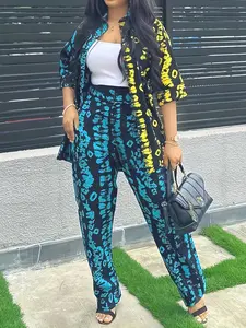 Two-Piece Set Women's Colorblock Leopard Print Button Front Blouse & Elastic Waist Printed Pants Set, Casual Chic Street Half Sleeve Collared Top & High Waist Trousers For Daily Wear, Ladies Clothes For All Seasons