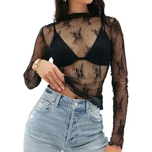 MEROKEETY Womens 2025 Lace Mesh Sheer Long Sleeve Top Sexy Y2k Mock Neck See Through Shirt Blouses