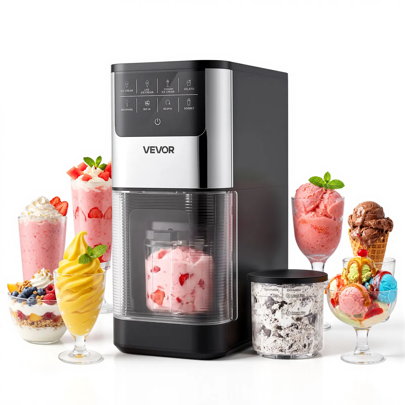 VEVOR Ice Cream Maker, 7-in-1 Frozen Treat Maker for Gelato, Sorbet, Milkshake, Frozen Yogurt & Lite Ice Cream, Homemade Ice-Cream Machine with One-Touch Mix-in + Respin for Smooth, Creamy Texture