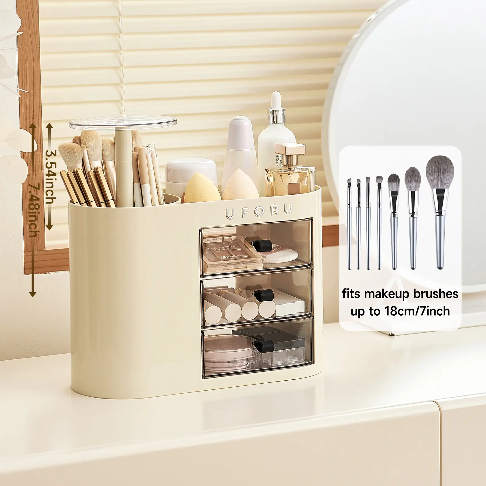 UFORU Eco-Friendly Classic White Makeup Organizer with Drawers, 4-Slot Brush Holder, 1-Touch Open Design, Compact Vanity Storage for Dresser & Bathroom Countertop, Holds Lipsticks & Skincare Containers