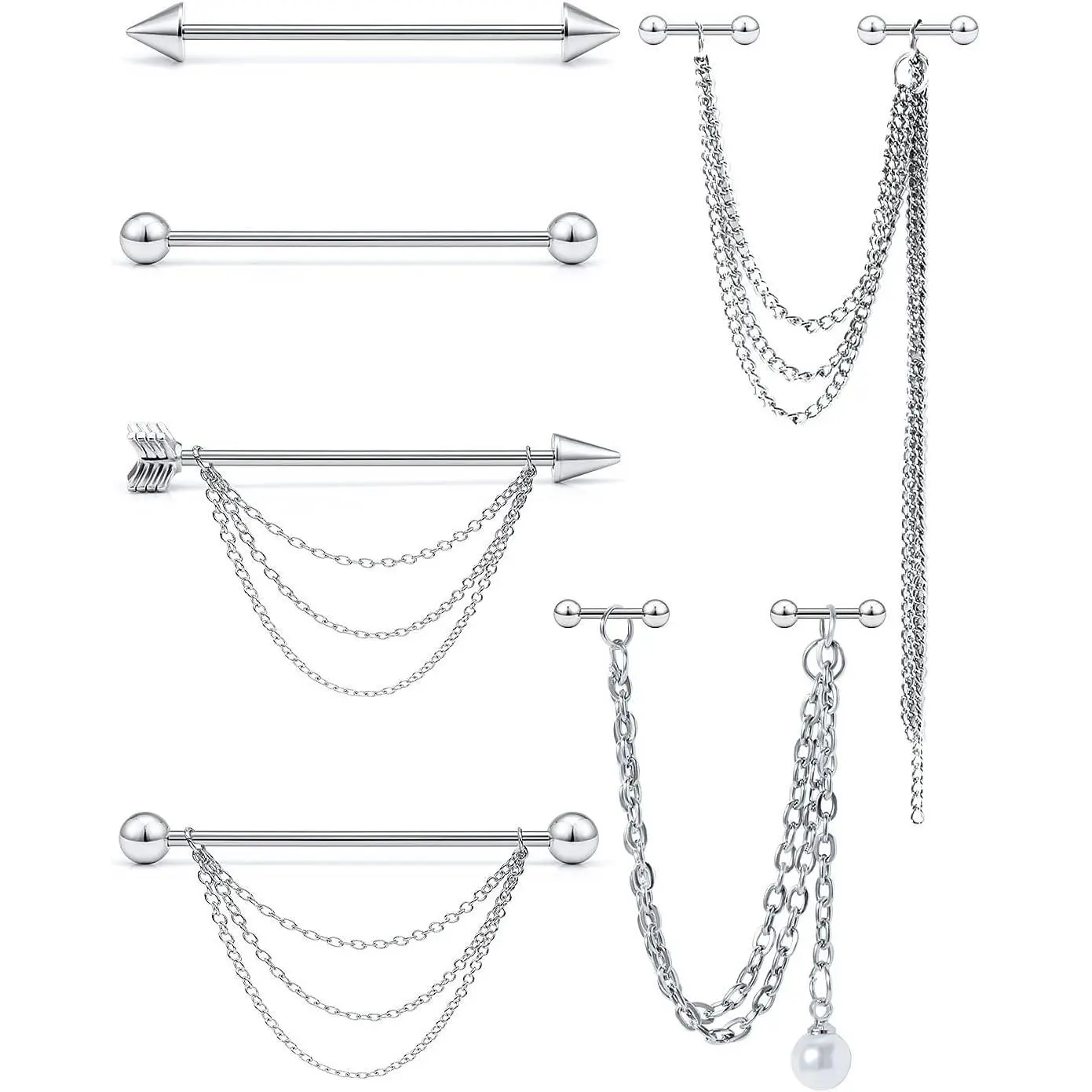 14G Stainless Steel Industrial Earrings with Chain Dangle Industrial Piercing Jewelry Cartilage Earring Industrial Barbell for Women Men 38mm 11/2 Inch