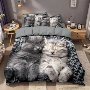 3pcs gray couple's cat 3D printed quilt cover set, Breathable Duvet Set, is skin-friendly, breathable, soft, comfortable. Machine washable, suitable for all seasons. 1 quilt cover +2 pillowcases. Bedding set without pillow core