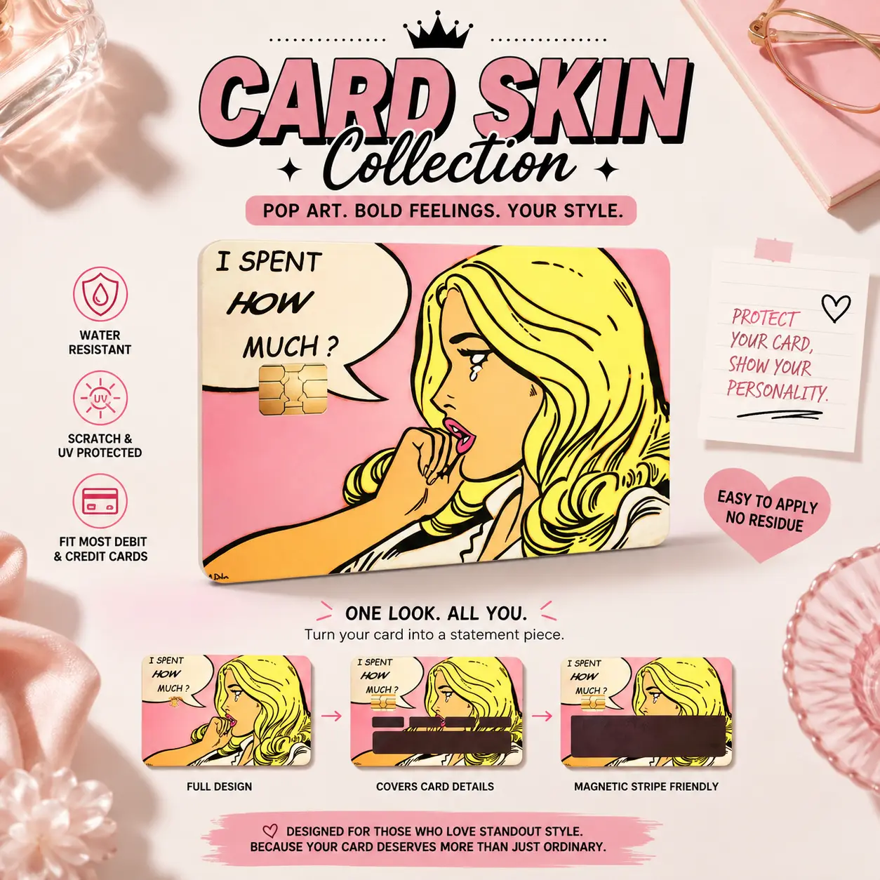 Funny Shopping Card Skin, I Spent How Much Pop Art Credit Debit Card Sticker, Cute Pink Aesthetic Card Cover for Women