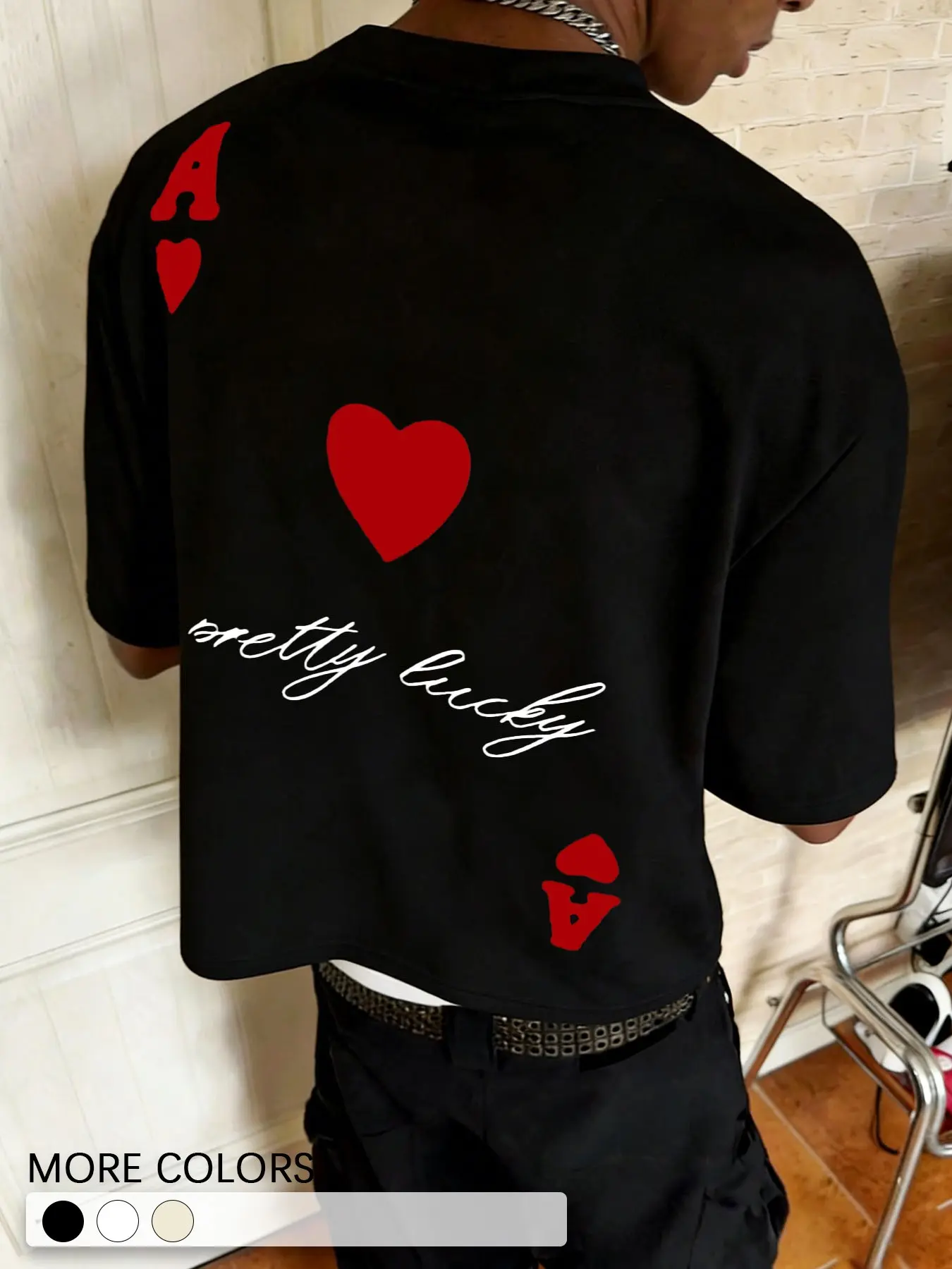 Men's Red Heart Ace Printed Cropped T-Shirt Top, Casual Streetwear for Daily & Party and Streetwear, Menswear